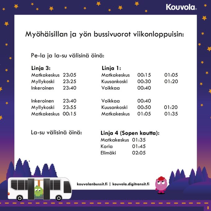 Myöhäisillan ja yön bussivuorot pe-la ja la-su välisinä öinä.