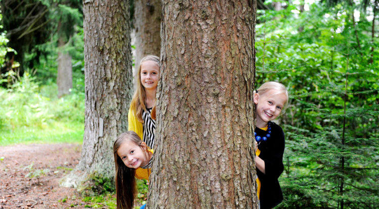 Lapset kurkistaa puuntakaa Mustila Arboretumissa