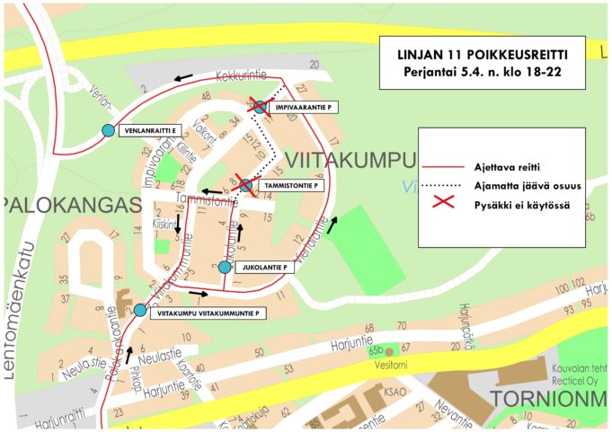 Linjan 11 poikkeusreitti 5.4. klo 18-22. Pysäkit Tammistontie P ja Impivaarantie P eivät ole käytössä.