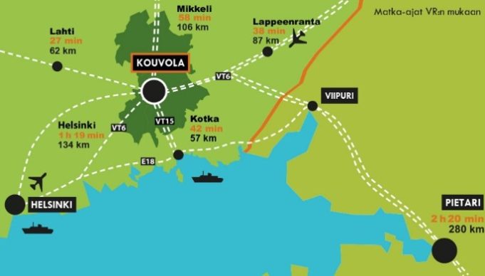 Kouvolan sijainti ja etäisyydet muihin kaupunkeihin.