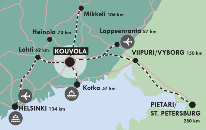 Karttakuva Kouvolan sijannista kuuden päätien ja neljän rautatieyhteyden keskipisteenä.