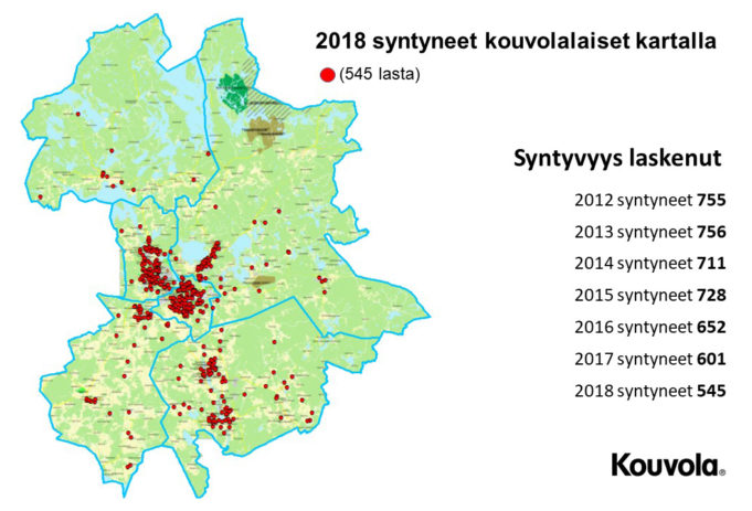 Karttaan on merkitty 2018 Kouvolassa syntyneet lapset.