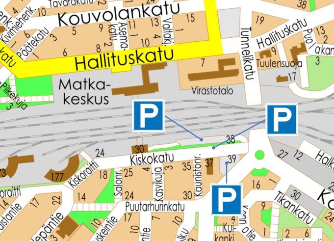 Kartta, jossa merkattuna kolme uutta pysäköintialuetta.