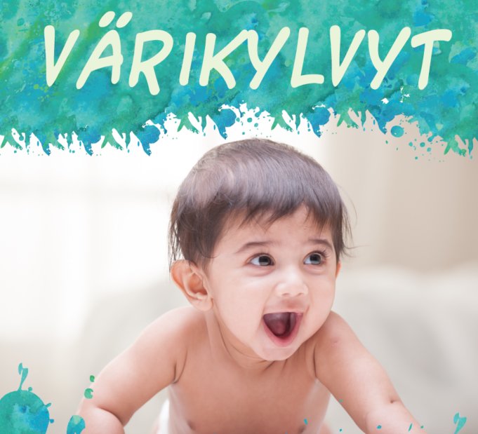 Iloinen vauva ja teksti "värikylvyt"