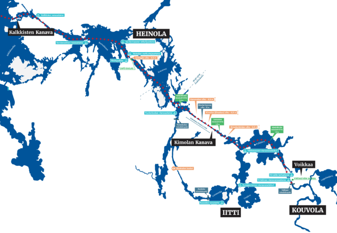 Kartta vesireitistä Kalkkisten kanavalta Heinolaan ja Kimolan kanavan kautta Voikkaalle. Kartalla on osoitettu myös reitillä olevat vierasvene- ja kotisatamat, veneväylän kulkusyvyydet, sillat ja niiden korkeudet sekä muutama nähtävyys ja virkistyspaikka.