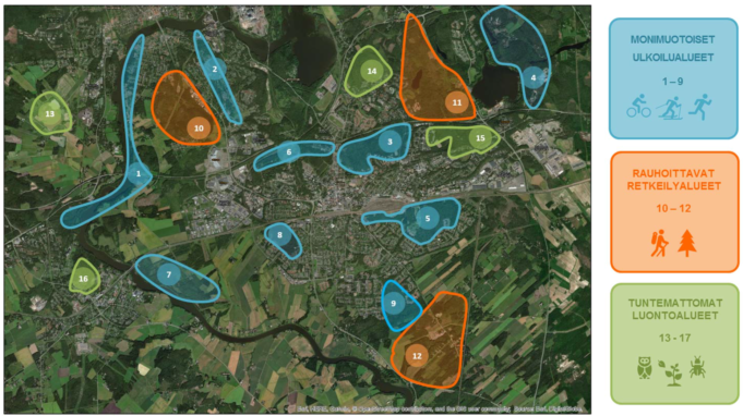 Kartalla esitetään määritellty kolme erilaista metsäprofiilia: monimuotoiset ulkoilualueet (alueet 1-9), rauhoittavat retkeilyalueet (alueet 10-12) ja tuntemattomat luontoalueet (alueet 13-17).