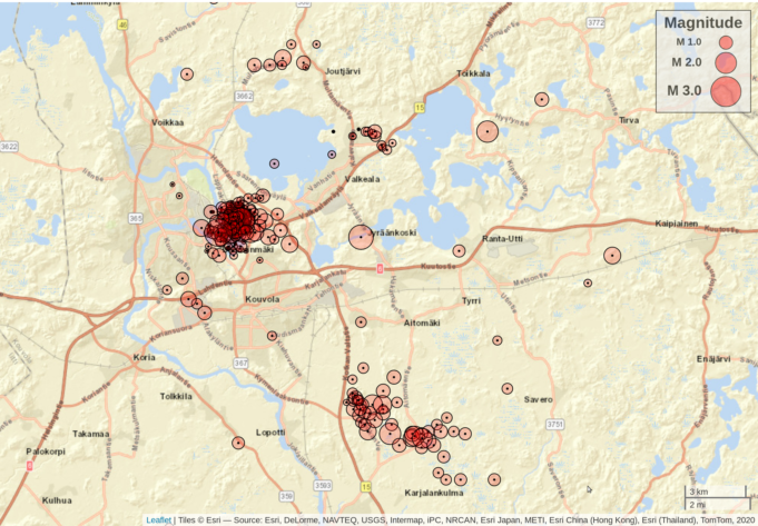 Kouvola alueen maanjäristyksiä kartalla.