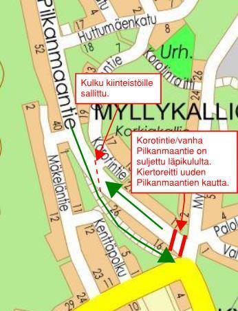 Kuvassa kartalla uudet liikennejärjestelyt