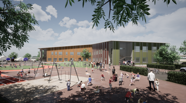 Visualisoitu kuva modernista ja värikkäästä uudesta koulusta. Koulun pihalla aidattu tekonurmi pienpeleille, keinuja ja välitunnilla leikkiviä lapsia