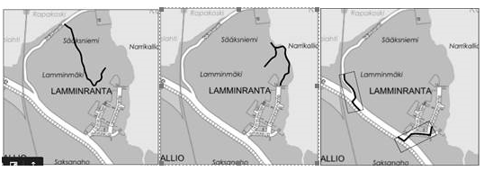 Kolme karttaa, jossa osoitetaan ulkoilureitin osat Lamminrannassa.