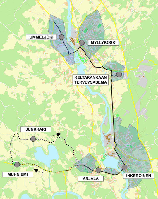 Anja-palvelulinjan reittikartta.