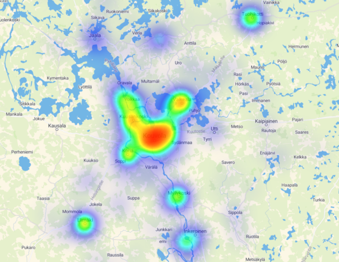 Lämpökartassa nousee korostetusti esiin Kouvolan ydinkeskusta. Sen ympärillä on kehämäinen muodostelma, joka ulottuu Korialle, Kuusankoskelle ja Voikkaalle ja Valkealaan. Tämän lisäksi näkyy erillisinä asutuskeskittyminä Elimäki, Inkeroinen, Myllykoski ja Tuohikotti. Nämä ovat alueet, joissa asukkaat haluavat asua vuonna 2030.