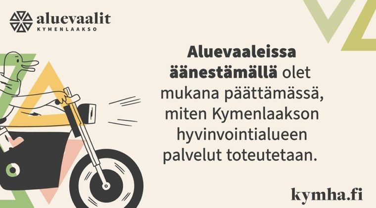 Ääntä kohti kampanjakuva aluevaaleista, jossa hanhi ajaa mopolla äänestämään.