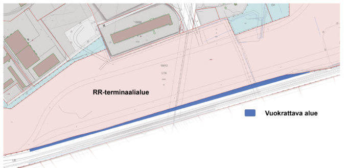 Kouvolan RR-terminaalin laiturialueen karttakuva, jossa merkittynä Väylävirastolta vuokrattava alue.