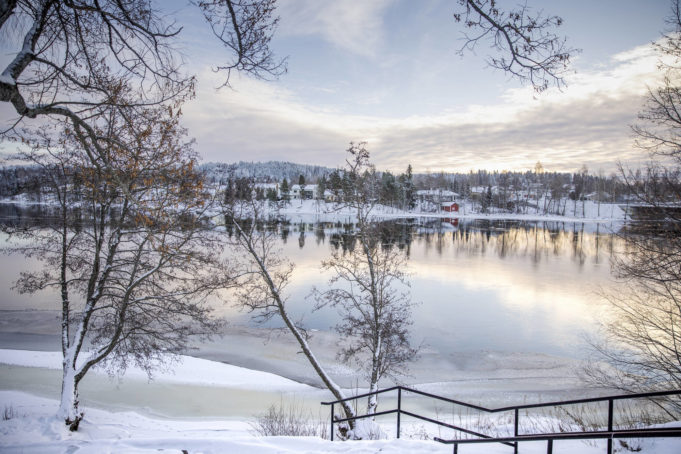 Kymijoen rantanäkymä talvella. Lunta, puita, vastarannalla taloja.