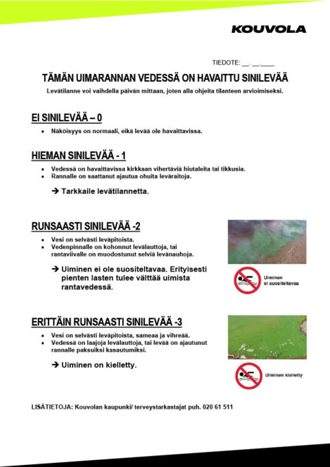 Tiedote, jossa levähavaintojen asteikko: ei sinilevää 0, hieman sinilevää 1, runsaasti sinilevää 2 ja erittäin runsaasti sinilevää 3.