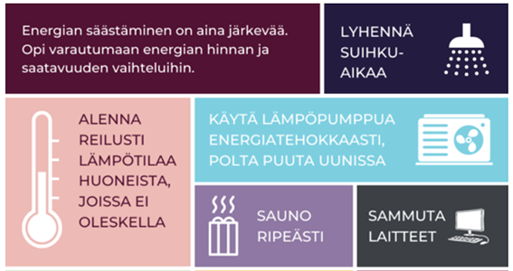 Energian säästäminen on aina järkevää. Säästää voi saunomalla ripeästi, lyhentämällä suihkuaikaa ja alentamalla kodin lämpötilaa.