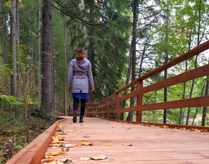 Nainen käveleemetsässä uusia pitkospuita pitkin