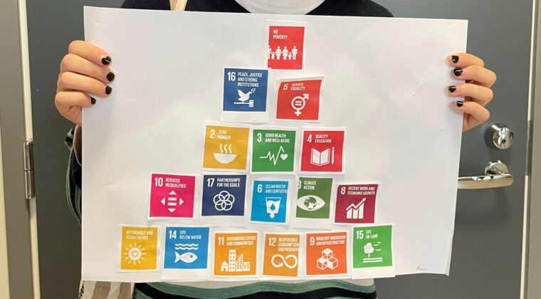 Valkoiselle paperille on liimattu värikkäitä kuvioita, joissa lukee YK:n Agenda 2030 tavoitteita