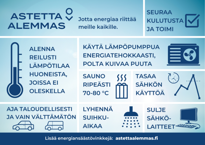 Energian säästäminen on aina järkevää. Säästää voi saunomalla ripeästi, lyhentämällä suihkuaikaa ja alentamalla kodin lämpötilaa.