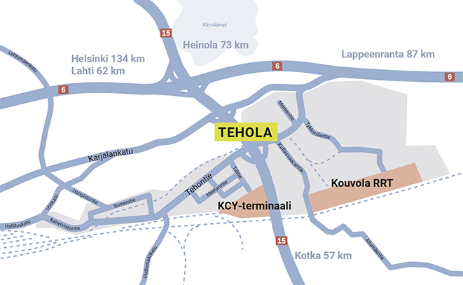 Teholan logistiikka-alue Kouvolassa sijaitsee päätieverkon ja rautatien solmukohdassa. Alueella toimii kaksi rautatie- ja maantieterminaalia Kouvola RRT sekä Kouvola Cargo Yard.
