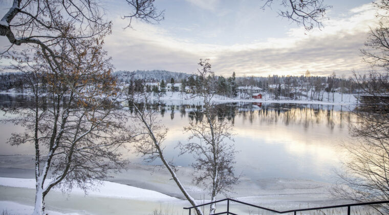 Jokimaisema talvella. Rannalla taloja.