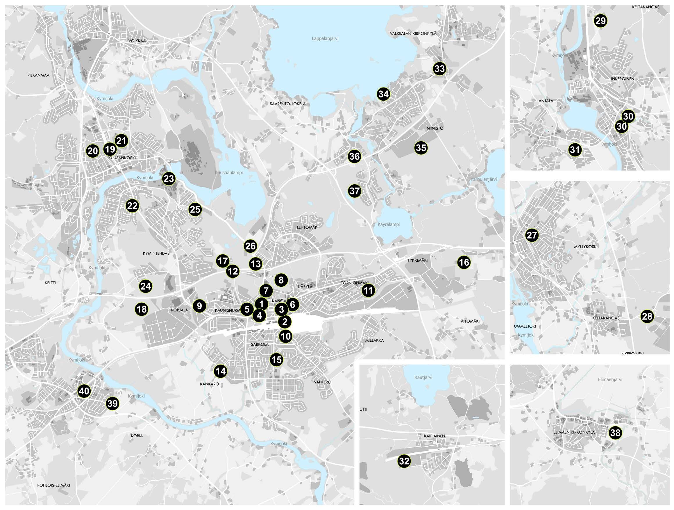 Asemakaavakohteet on esitetty karttakuvissa numeroituina palloina. Kuva koostuu neljästä karttaikkunasta, jotka on rajattu eri kaupungin osa-alueilta.