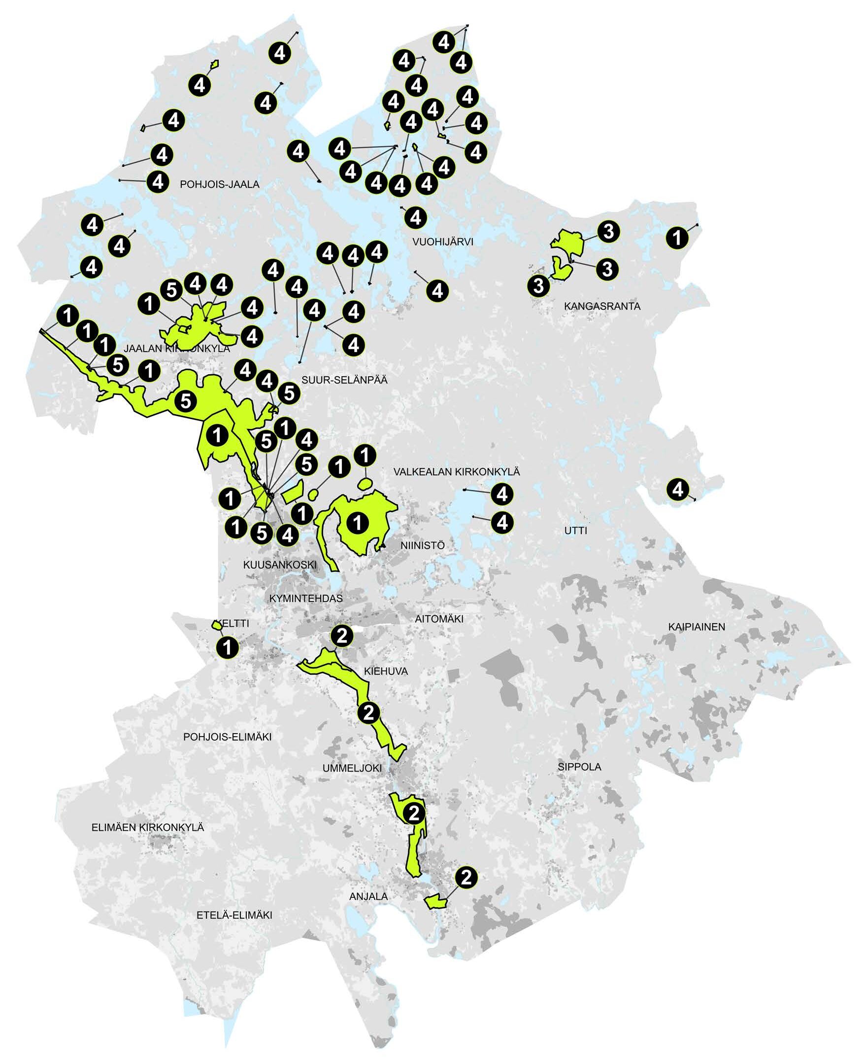 Yleiskaavakohteet on esitetty karttakuvassa numeroituina palloina ja rajauksin. Kuvassa on esitettynä koko Kouvolan kaupunki.