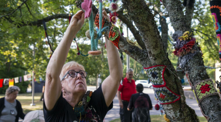 Nainen kiinnittää virkkaustyötä puistossa puuhun.