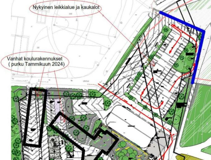 Karttakuva työmaa-alueesta, johon rakennetaan uusi pysäköintialue entisen piha-alueen tilalla. Lisäksi alueelta puretaan vanhat koulurakennukset tammikuussa 2024.