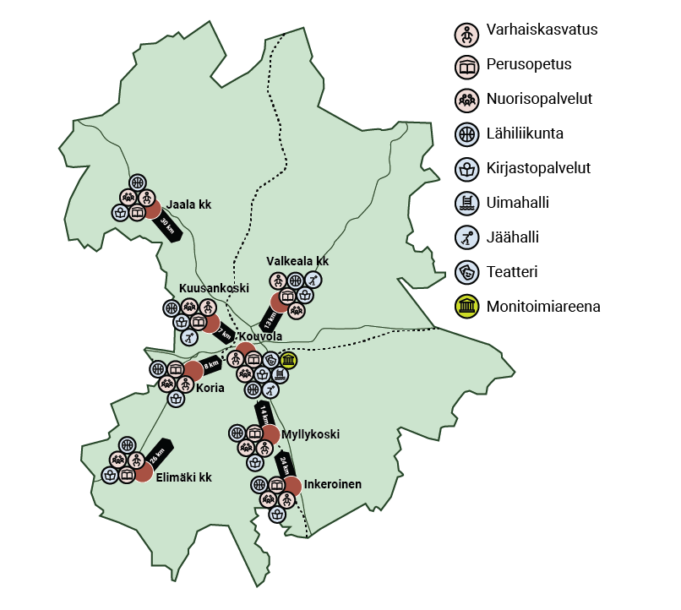 Karttakuva ehdotuksesta optimaalisesta palveluverkosta Kouvolalle vuonna 2030. Lähipalvelut järjestetään kahdeksassa taajamassa, laajaa väestöpohjaa palvelevia toimintoja keskitetään.