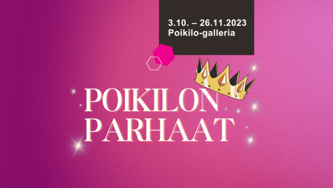 Pinkki tausta ja vaalea teksti -Poikilon parhaat. Tekstin päällä roikkuu kultainen kruunu.