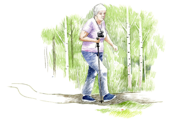 Akvarelli: Vanhempi nainen kävelee sauvan kanssa lehtimetsässä. Kuvitus: Juha Ilkka.