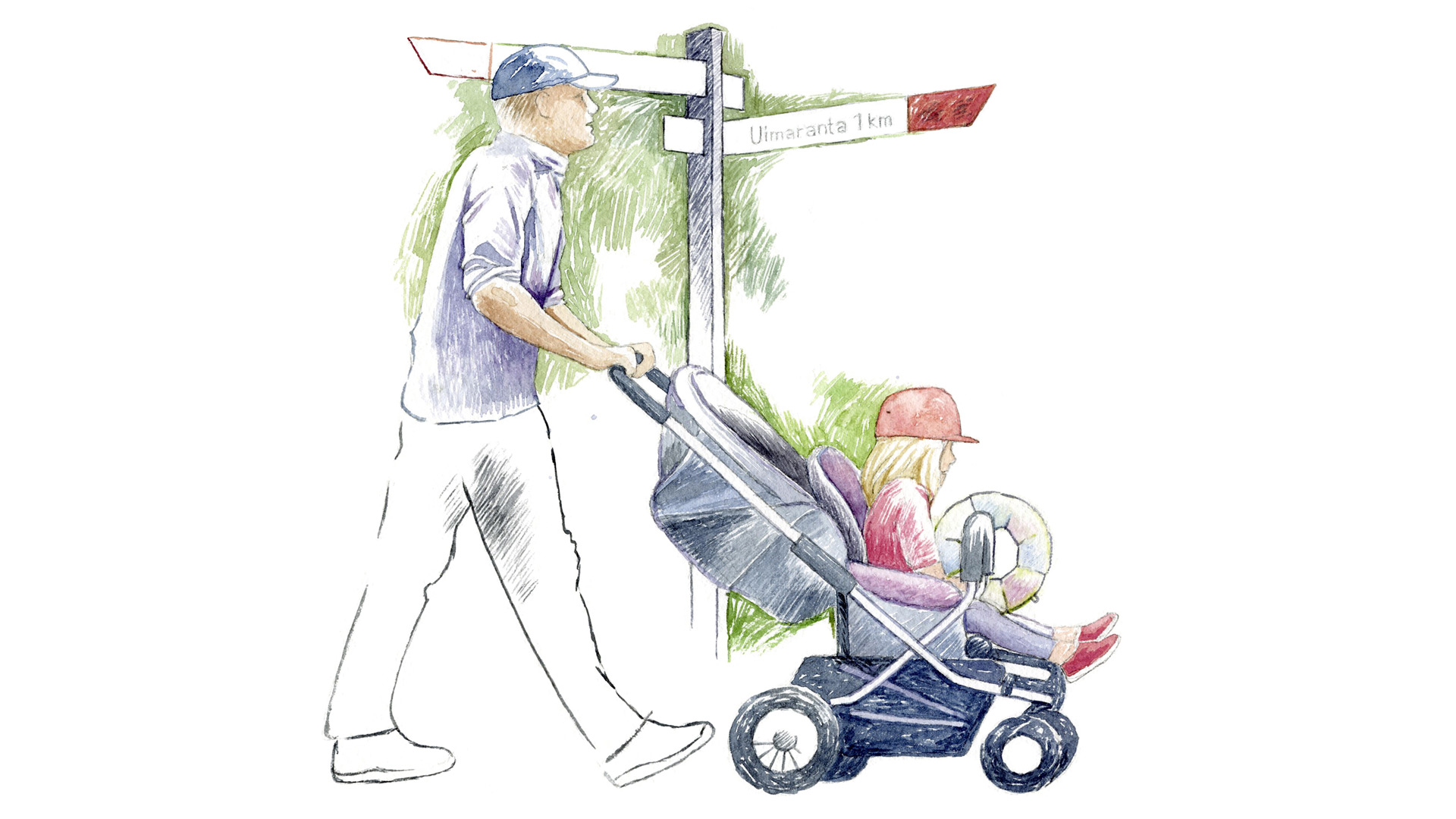 Watercolor by Juha Ilkka: a man pushes a pram with a small child in it. Directional signs can be seen in the background.