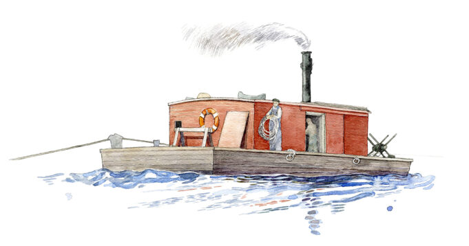 Watercolor painting: Boat with waves. Smoke billows from the chimney of the square cabin. Illustration: Juha Ilkka.