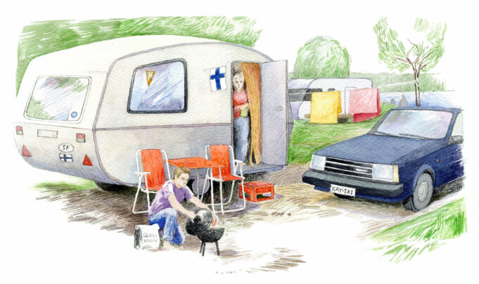 A watercolor illustration by Juha Ilkka, where a person is peeking out of the caravan and there is camping furniture in front of the caravan and another person is grilling with a ball grill.