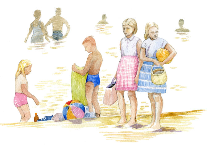 Juha Ilkan akvarellikuvitus, jossa ihmisiä uimarannalla uima-asuissa ja toisilla mukana eväskori ja rantapallo . Taustalla vedessä seisovia ja uivia hahmoja.