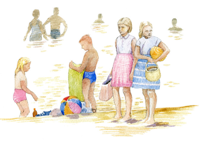 Juha Ilka's watercolor illustration with people on the beach in swimming costumes and others with a lunch basket and a beach ball. Figures standing and swimming in the water in the background.