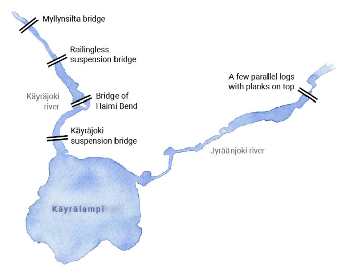 An aquarelle painting by Juha Ilkka with the shape of lake Käyrälampi and it's rivers. The historical bridges are marked on the map.