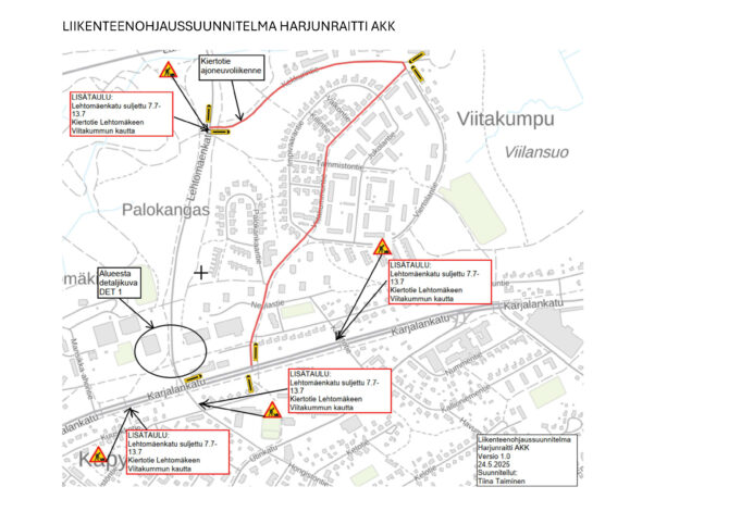 Kartalla liikenteenohjaussuunnitelma. Ei saavutettava