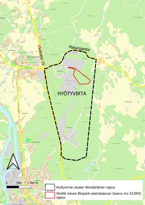 Hyötyvirran kaavaturvallisuusselvityksessä tarkasteltavan alueen viitteellinen karttarajaus