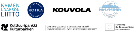 Kulttuuripankki-logot: Kymenlaakson liitto, Kotkan kaupunki, Kouvolan kaupunki, Haminan kaupunki, Kulttuuripankki, Opetus- ja kulttuuriministeriö, EU-logo ja teksti Euroopan Unionin rahoittama.
