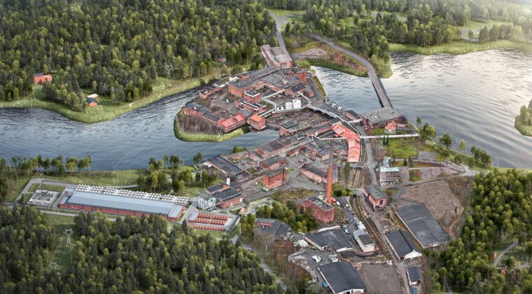 Ilmakuva Kymin Ruukin tehdasalueesta Kuusankoskella.