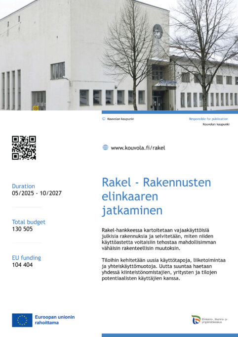 Rakel-hanke jatkaa rakennusten elinkaarta -hankkeen juliste, jossa on kuvana Voikkaan seuratalo.