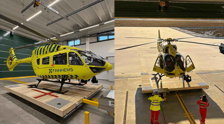 FinnHEMS 70 helikopteri ja pelastushenkilökuntaa.