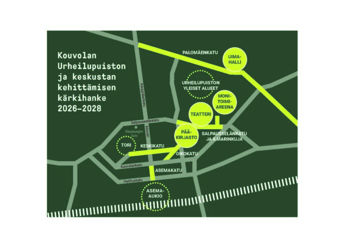 Karttakuva Kouvolan keskustassa käynnissä olevista rakennus- ja kadunparannushankkeista.
