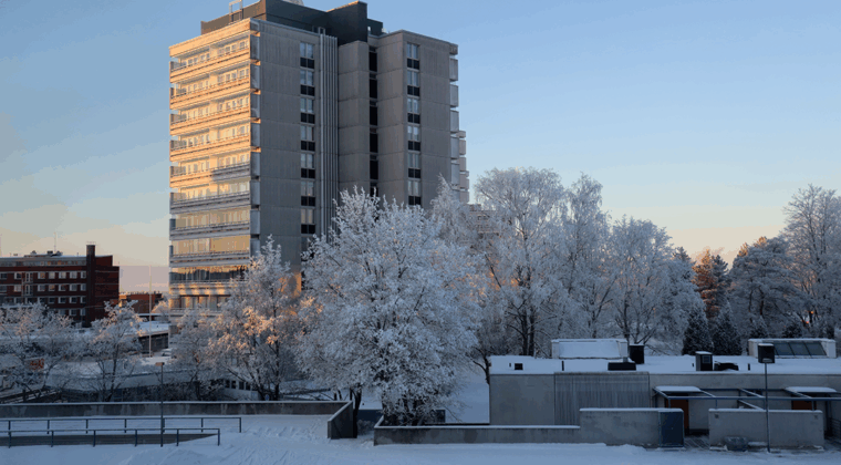 Kaupungintalon takaa kuvattuna kaupunkimaisemaa talvella.