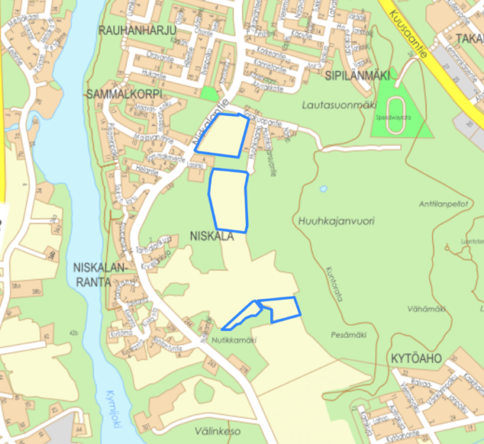 Kartta vuokrattavista peltopalstoista Kuusankoskella