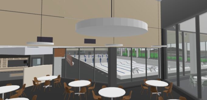 Uuden uimahallin havainnekuva kahviosta altaalle.