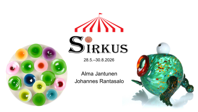 Kaksi värikästä lasiteosta ja teksti: Sirkus.